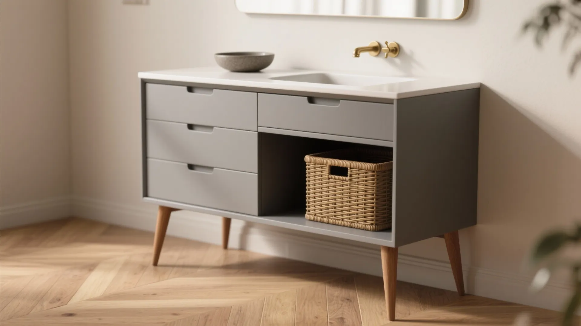 1. Mid-century modern gray vanity with tapered legs