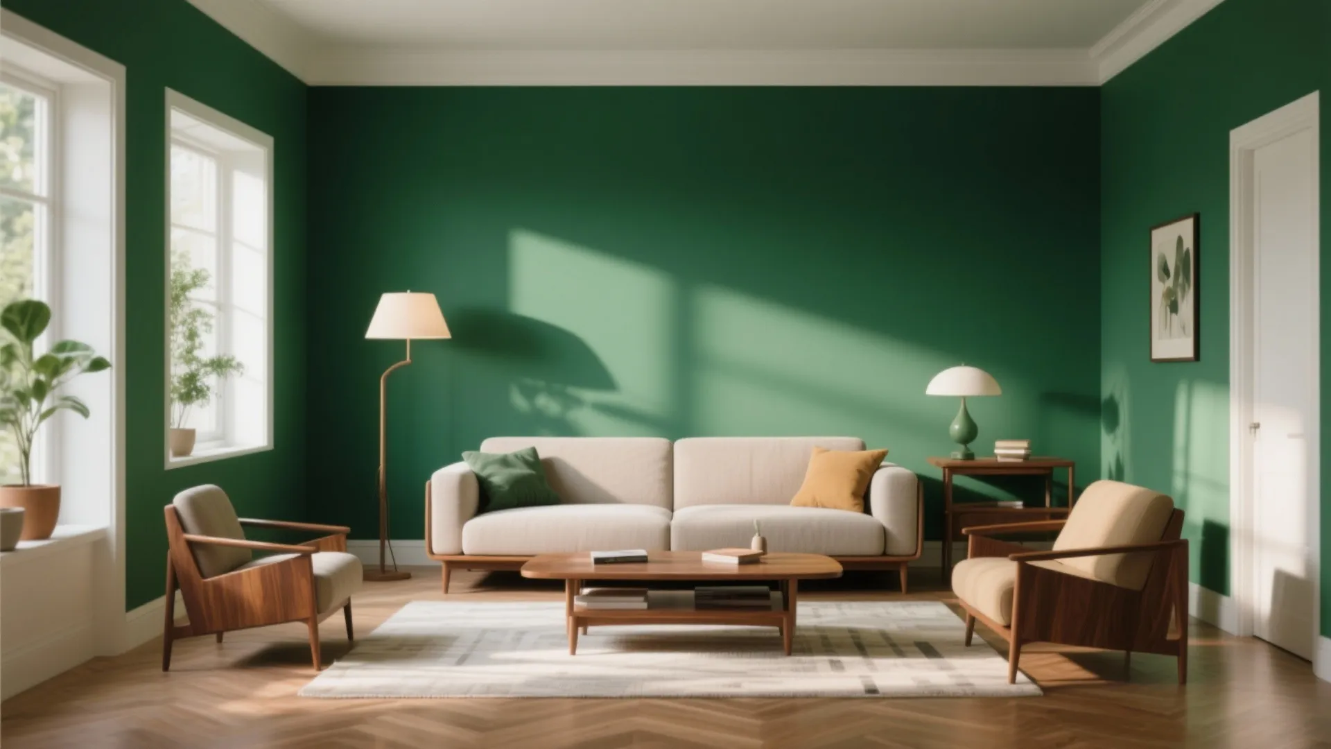 Modern living room with green walls white sofa two wooden armchairs rug and coffee table