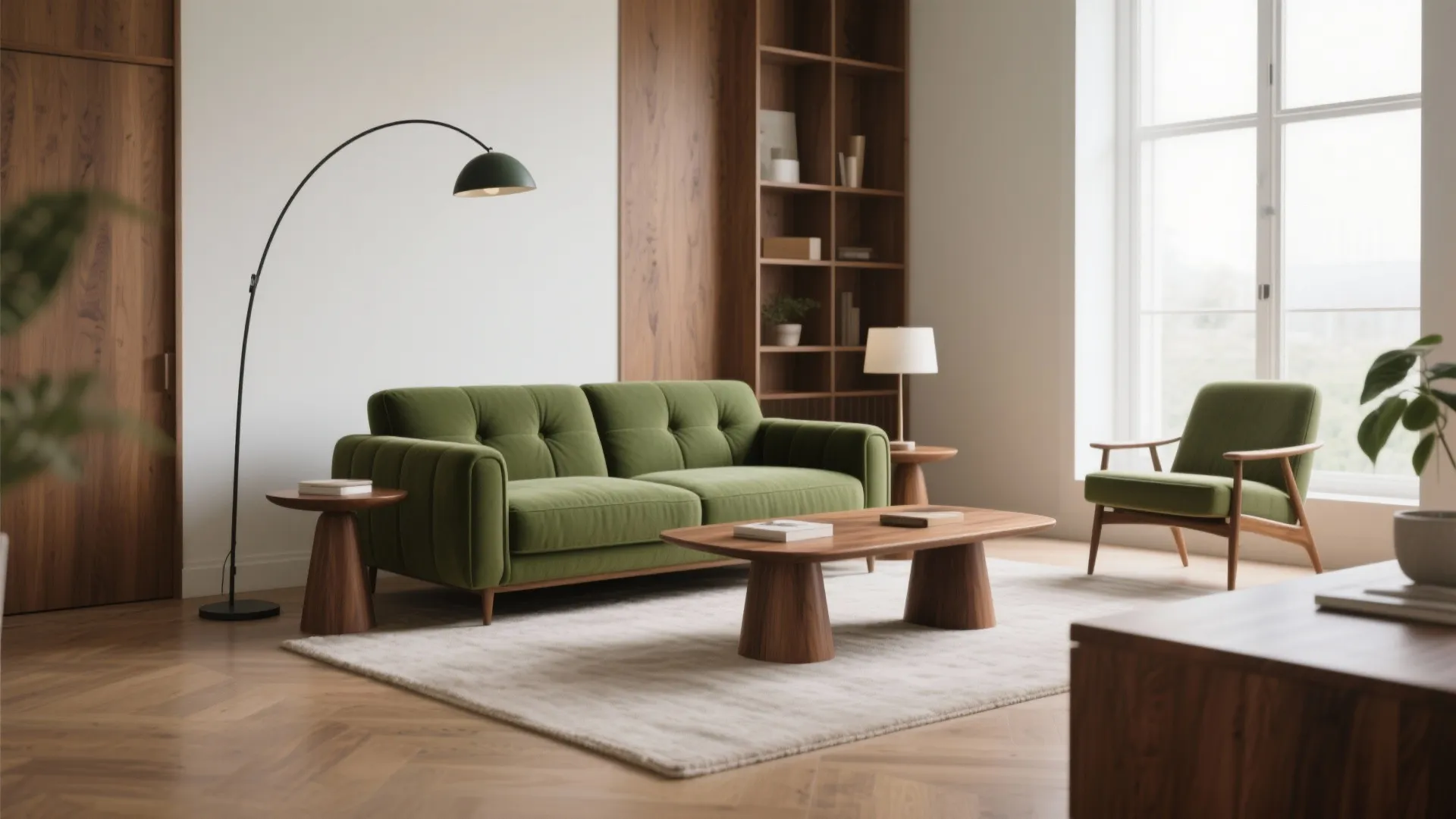 Modern living room with green sofa wooden coffee table tall floor lamp and bookshelf wall