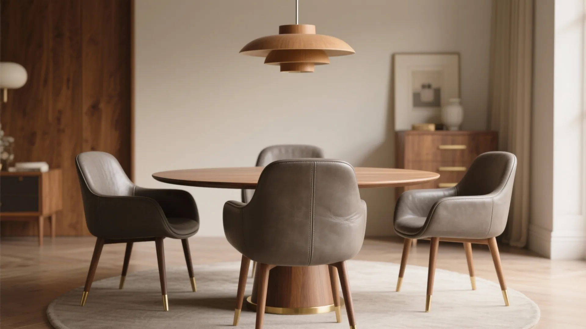 Modern dining room featuring a round wooden table, grey chairs, wooden cabinet, and ceiling light