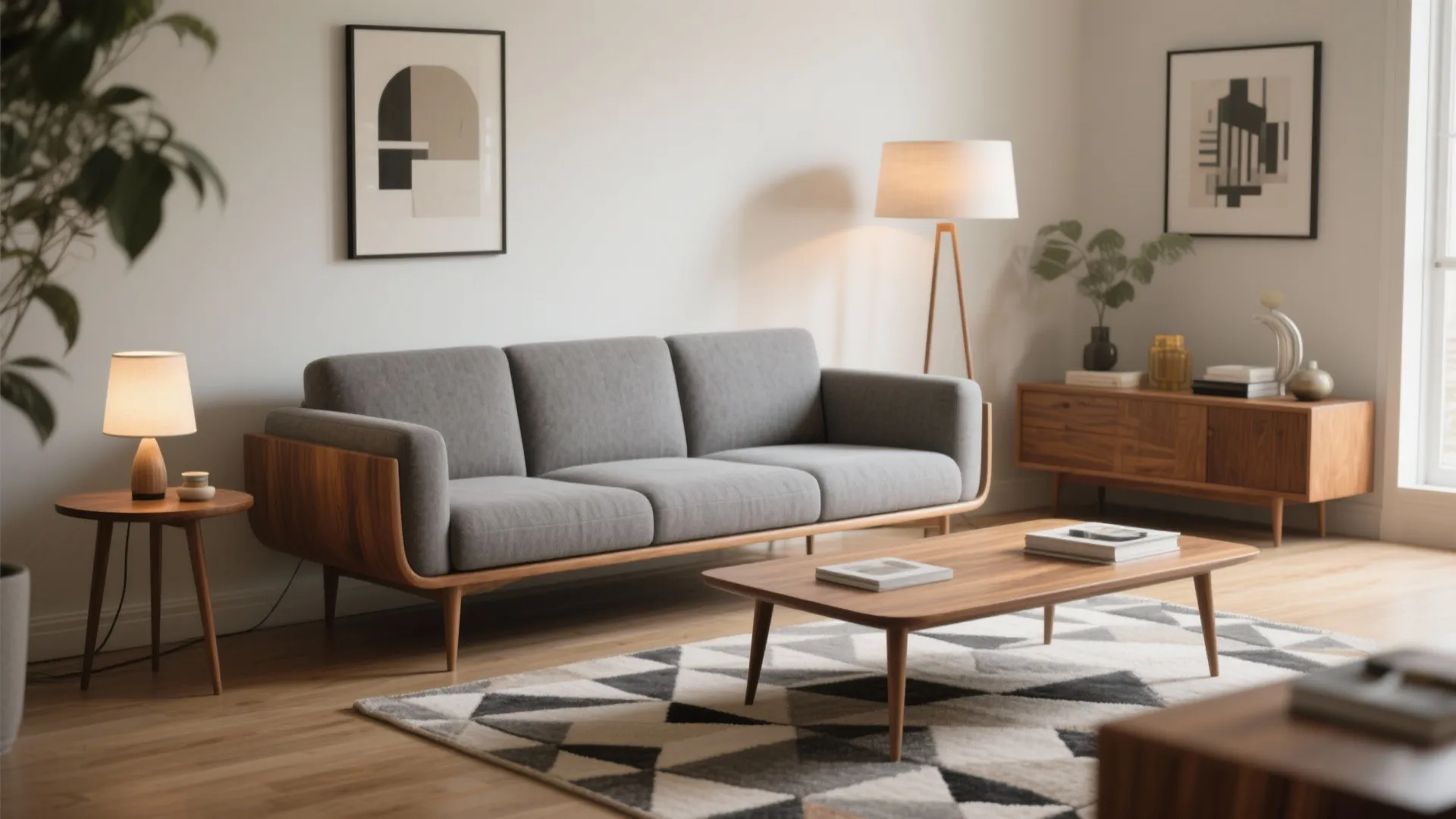 Mid-century modern living room with grey couch and geometric rug