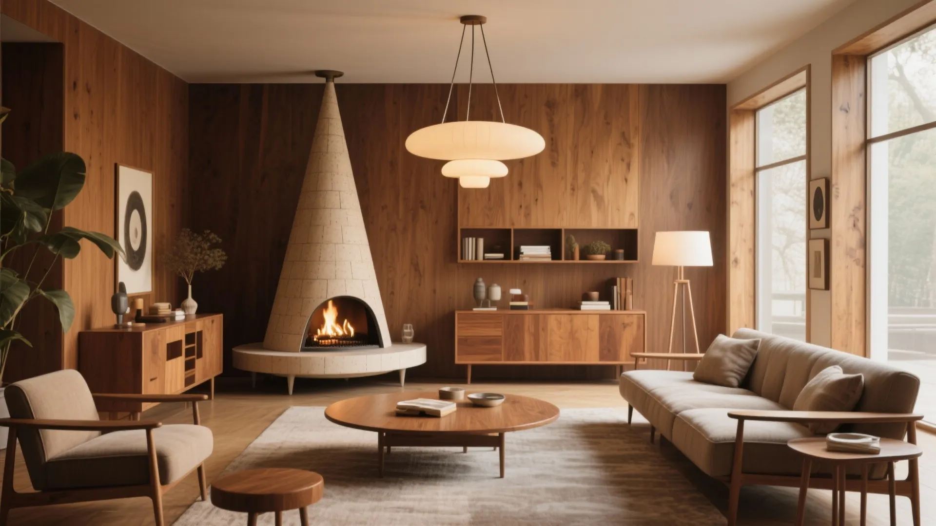 Warm living room with wood wall panels plus a white stone fireplace and ceiling light