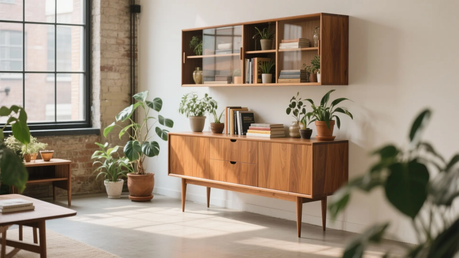 Mid-century teak hutch with tapered legs as a living room focal point