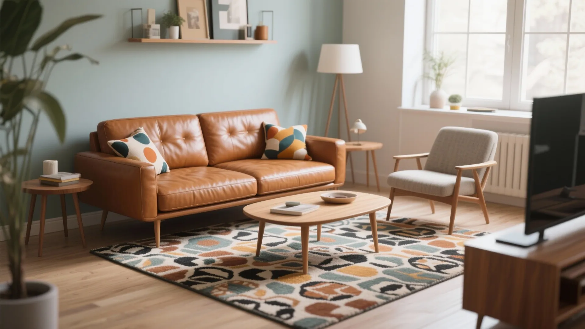 Mid-century living room with brown leather sofa, wooden coffee table, patterned rug, armchair, and lamp