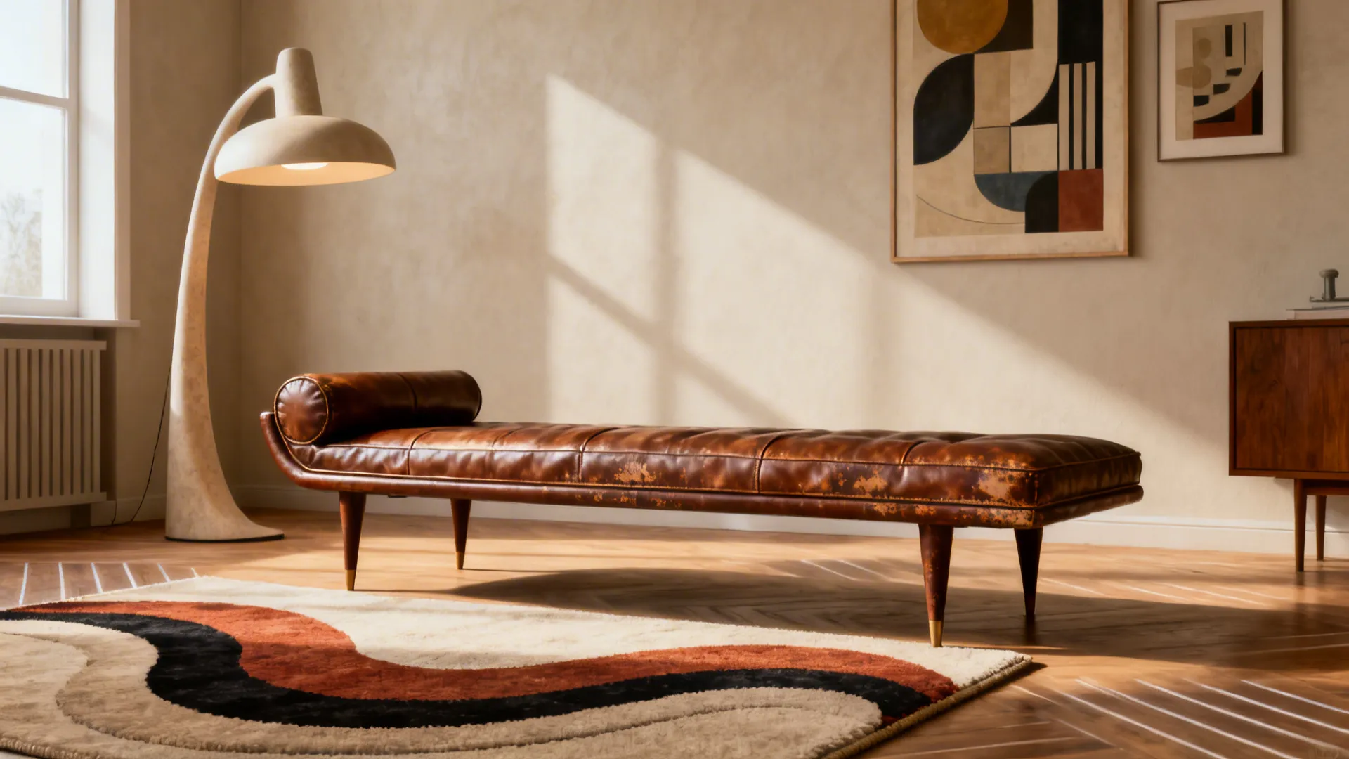 Brown leather sofa in bright living room with floor lamp a patterned rug and art
