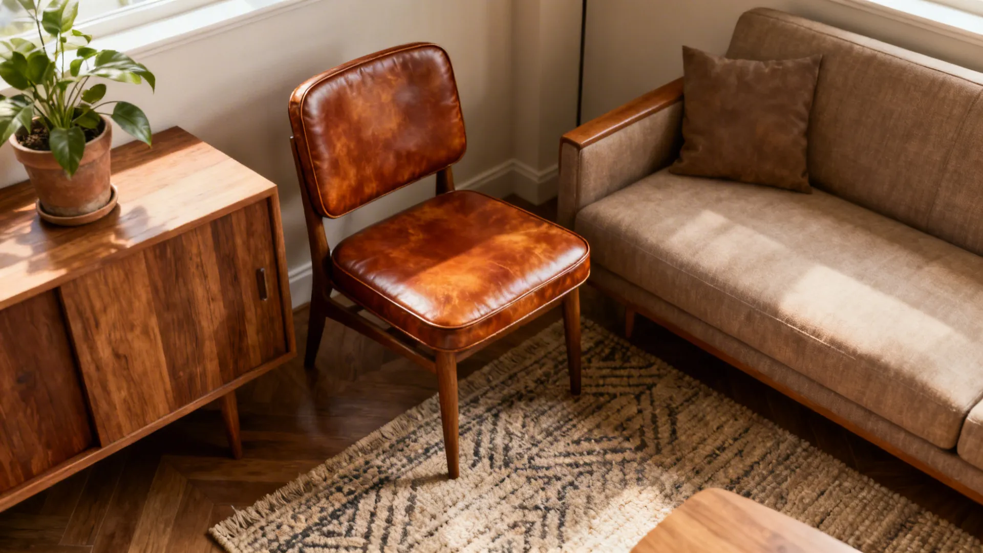 Brown leather chair next to a wooden cabinet and beige sofa on a patterned rug