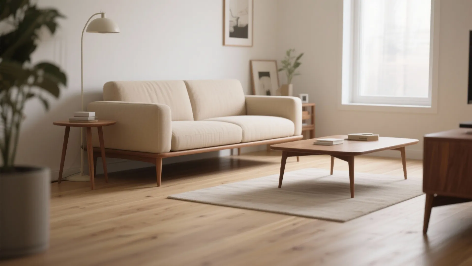 Modern living room with beige sofa wooden coffee table white floor lamp and bright large window