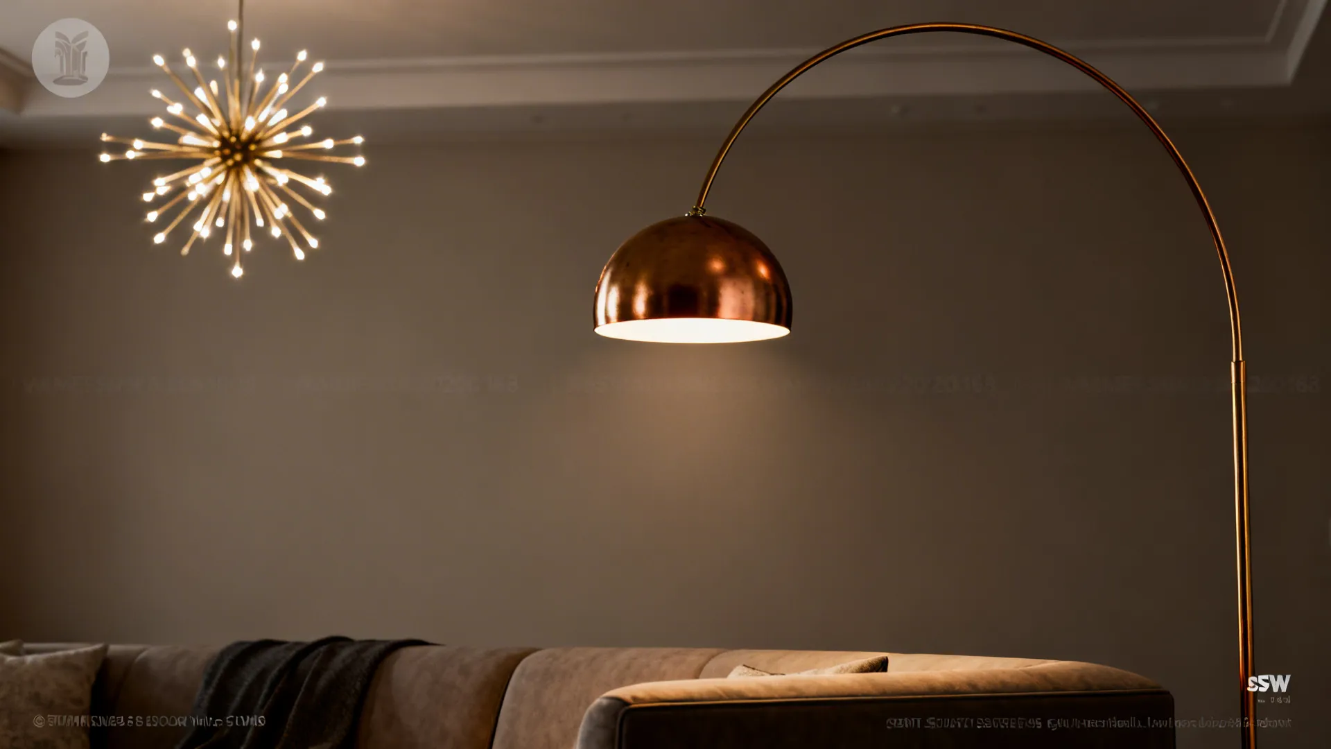 Arched brass floor lamp with a starburst chandelier adding retro focal points in a mid-century room.