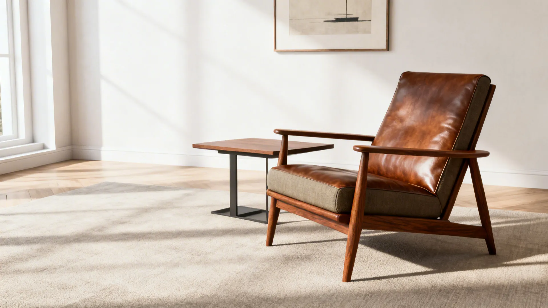 Mid-century lounge chair with walnut frame in a compact living room setting