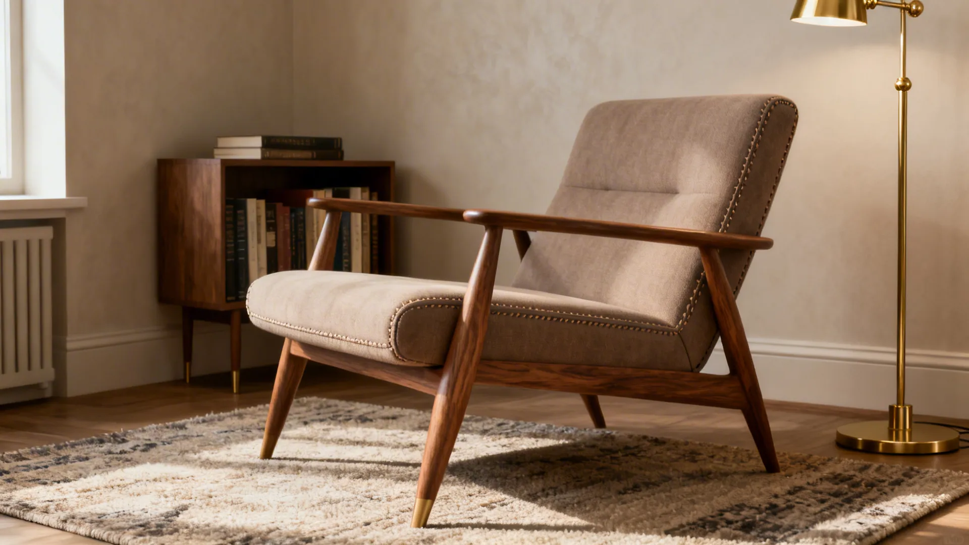 Taupe mid-century lounge chair with tapered arms in a small reading nook.