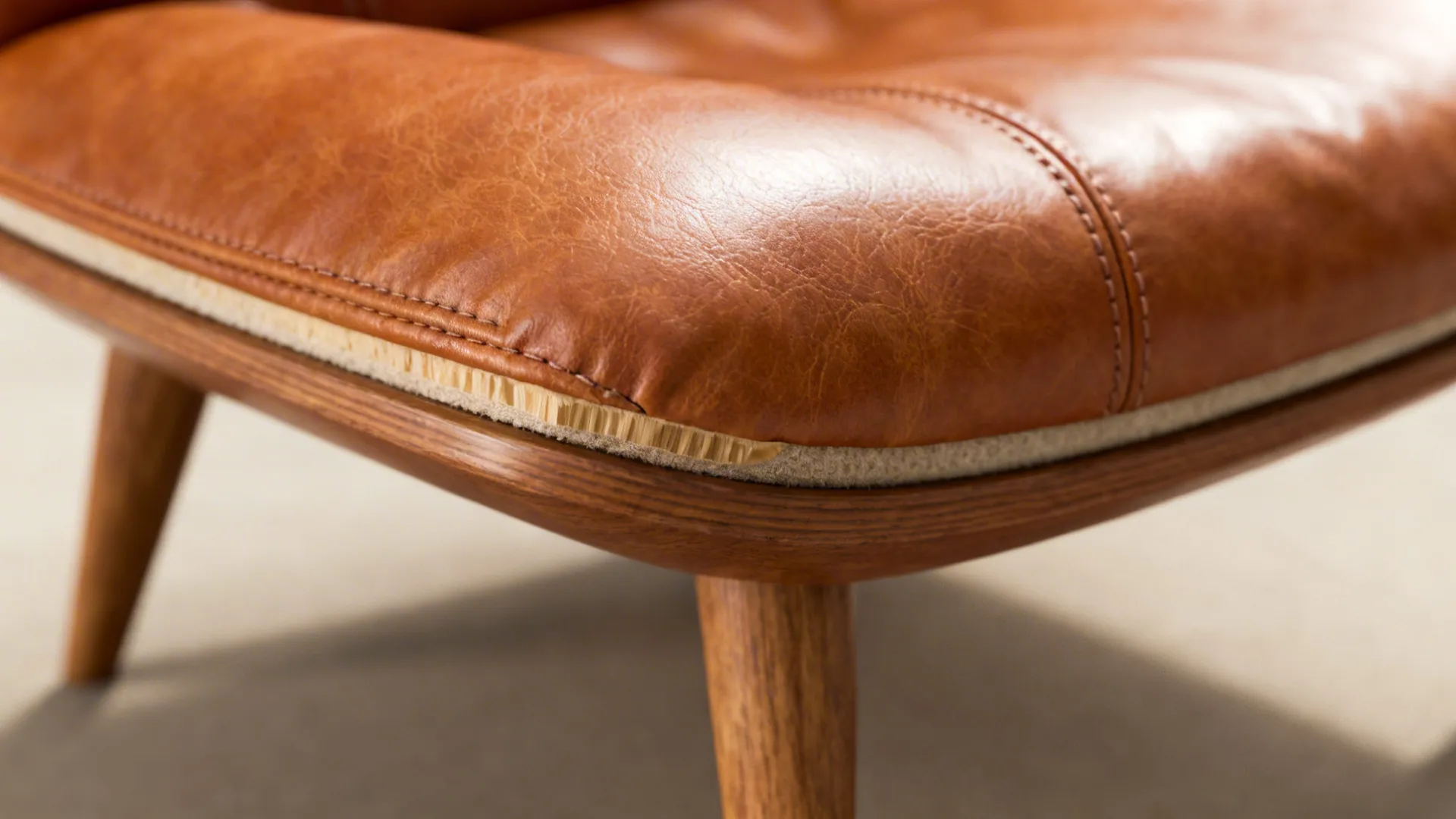 Close-up of a compact mid-century cognac leather lounge chair with oak legs and visible dense foam cushioning