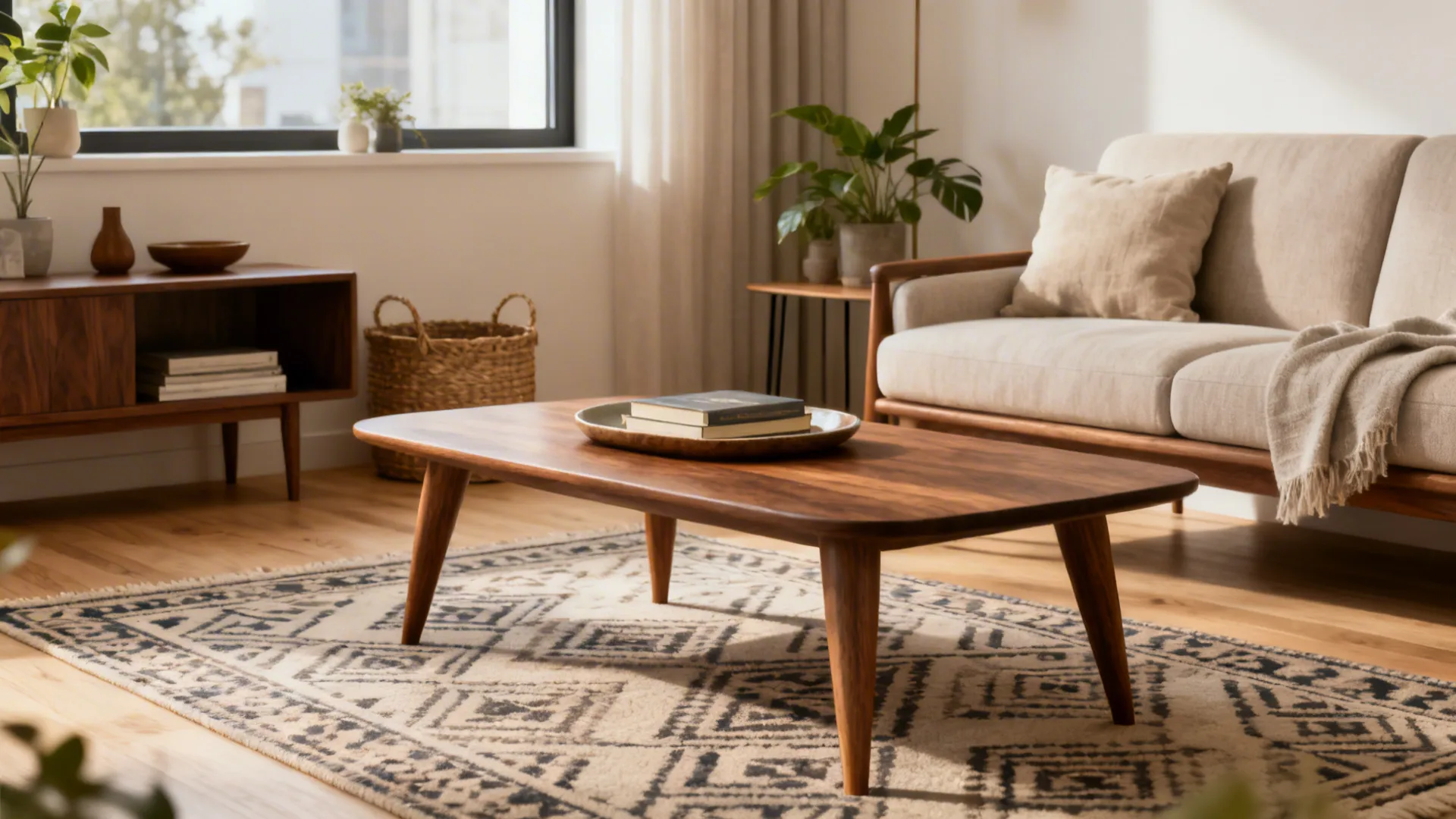 Mid-century living room with wooden coffee table, beige sofa, patterned rug, plants, and natural light
