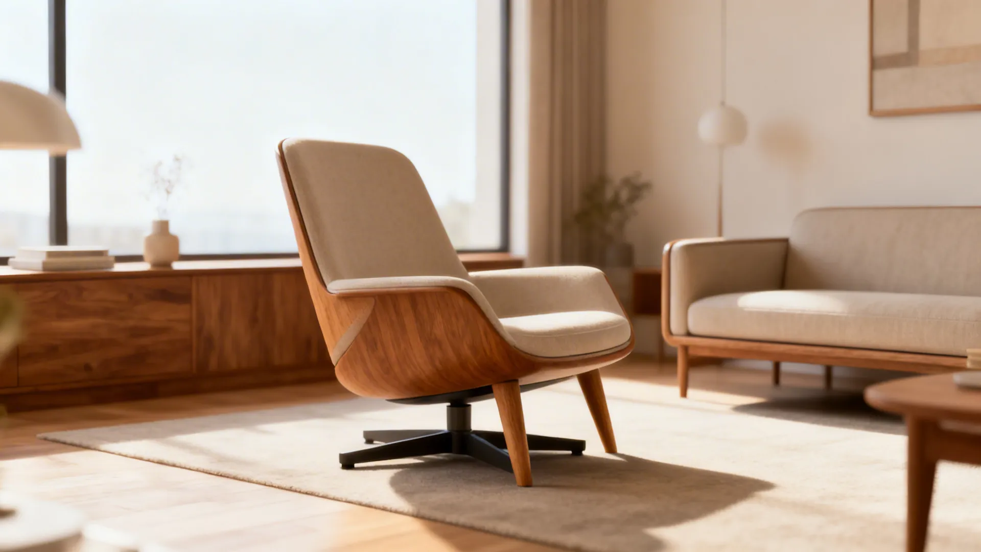 Mid-century low-profile swivel chair in a compact living room with wood accents.