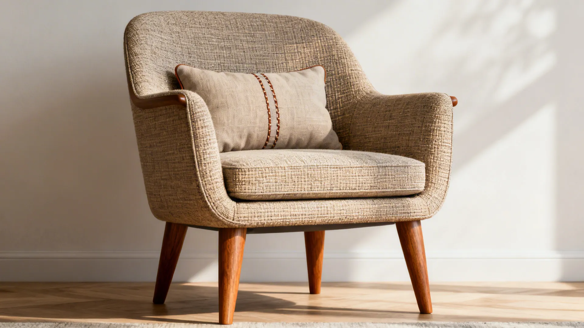 Mid-century armchair with a removable lumbar cushion in a styled living room