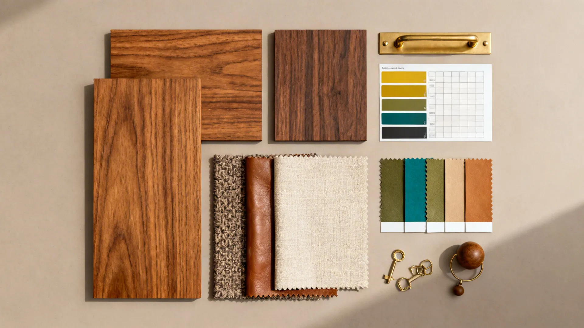 Material flatlay of teak, walnut, brass, boucle and leather swatches with accent color chips.