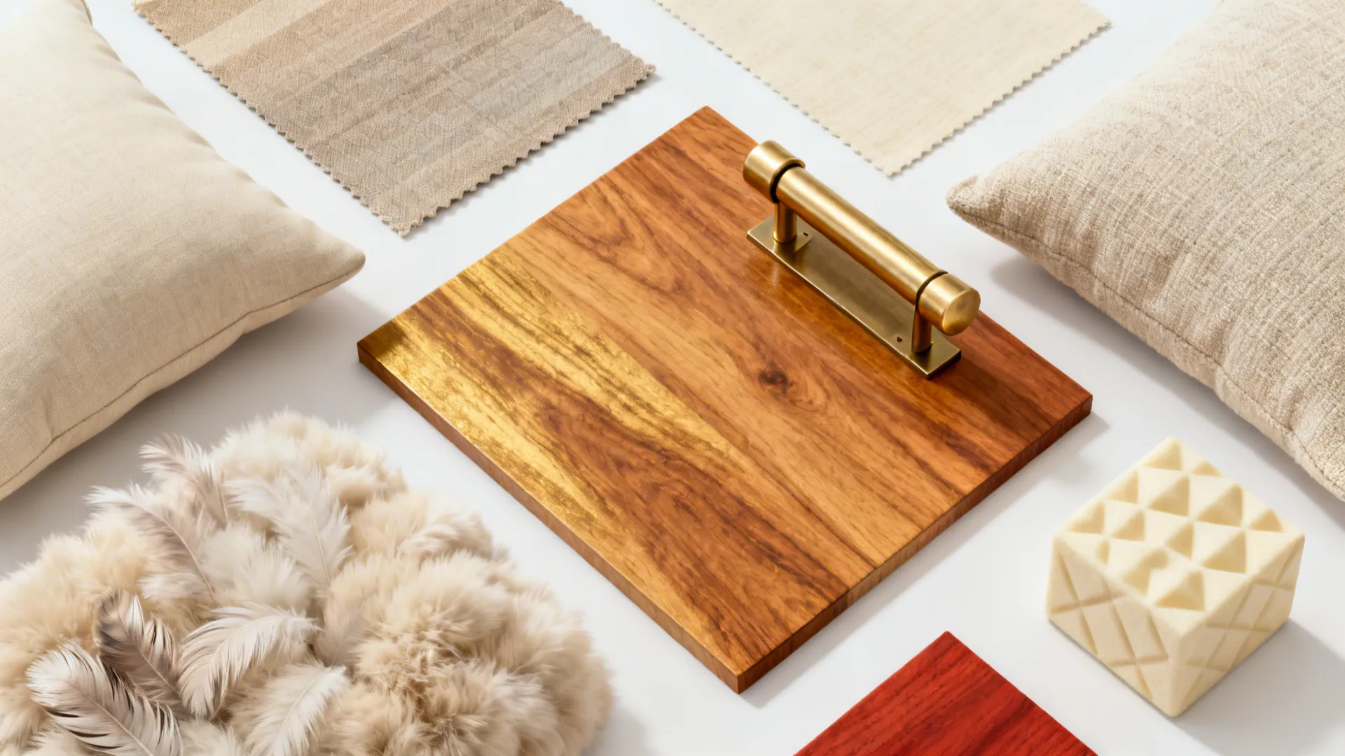 Flatlay of mid-century sofa materials: fabric swatches, teak and acacia wood, brass hardware, cushion fill options.