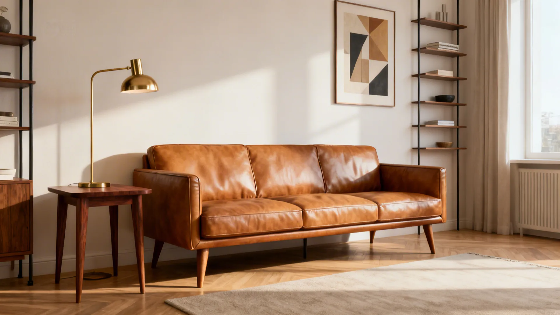 Brown leather sofa with gold table lamp on side table and wooden shelves in sunlit room