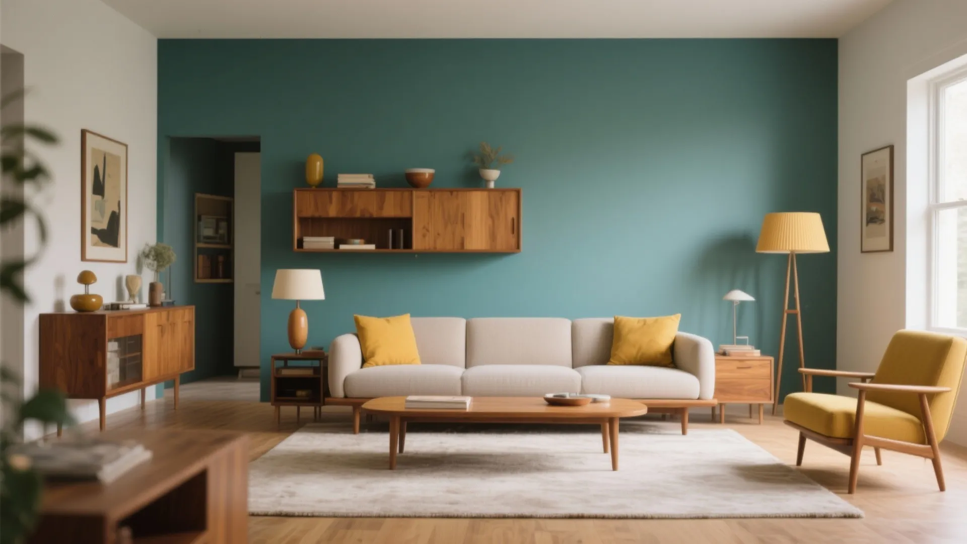 Mid century modern living room with teal wall beige sofa yellow pillows and wooden furniture