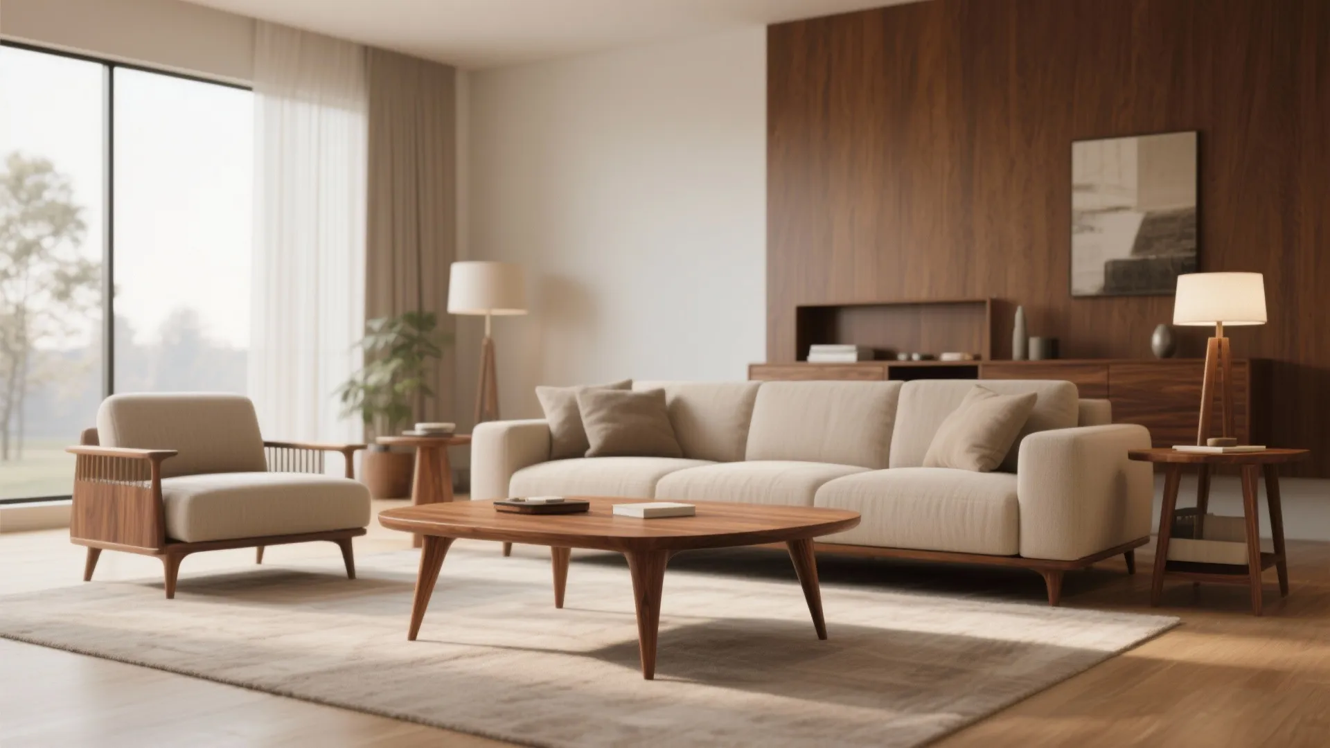 Mid-century modern end tables with walnut veneer in a living room