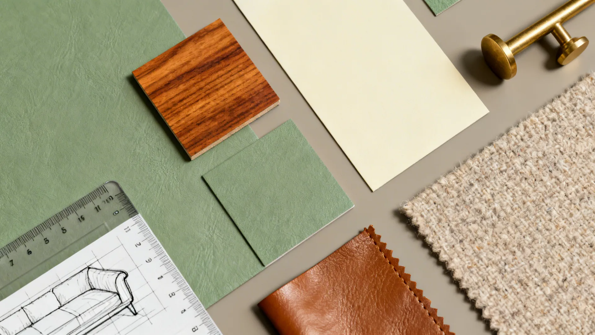 Top-down moodboard with wood, leather, wool and brass samples for mid-century modern living room design