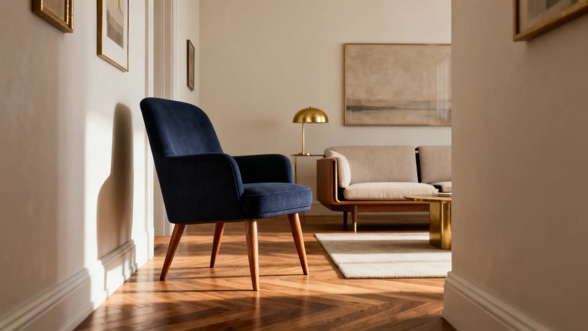 Narrow living room with a mid-century navy armchair with tapered legs and a low-profile sofa