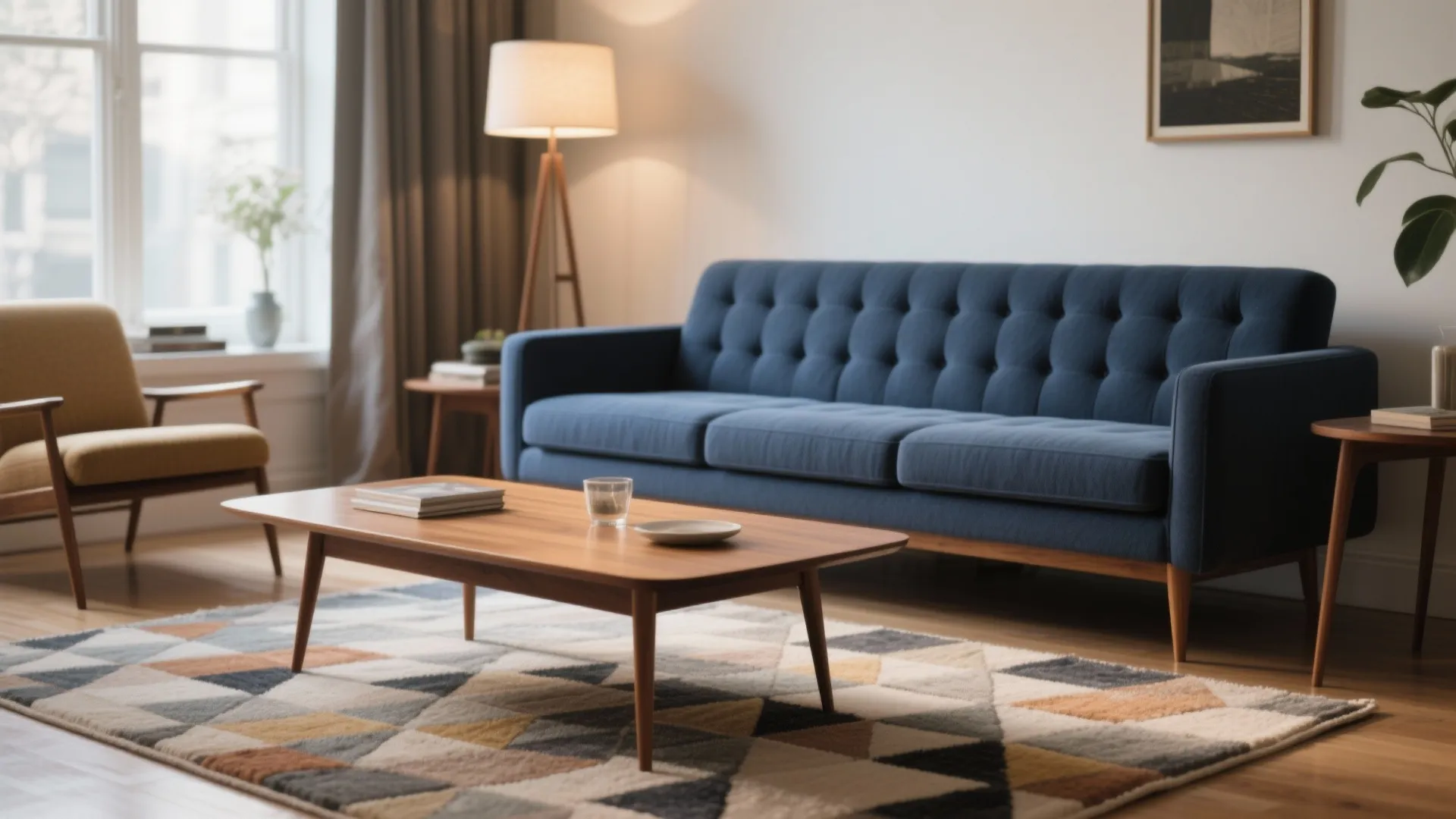 6. Navy Sofa with Mid-Century Modern Elements