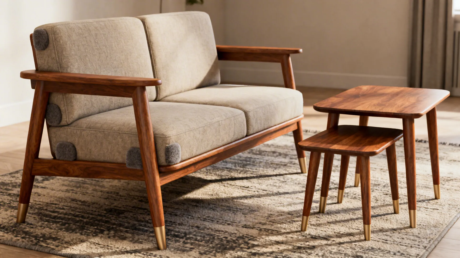 Mid-century two-seater sofa with nesting tables and wood leg details in a small apartment living room