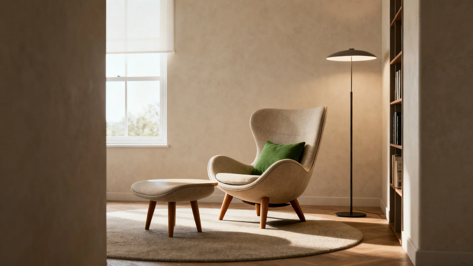 Mid-century modern swivel recliner with tapered legs in a tidy reading nook with warm light.