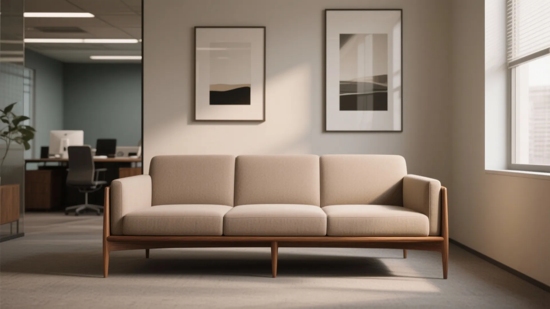 Modern cream sofa with wooden legs placed in a bright office with framed wall art