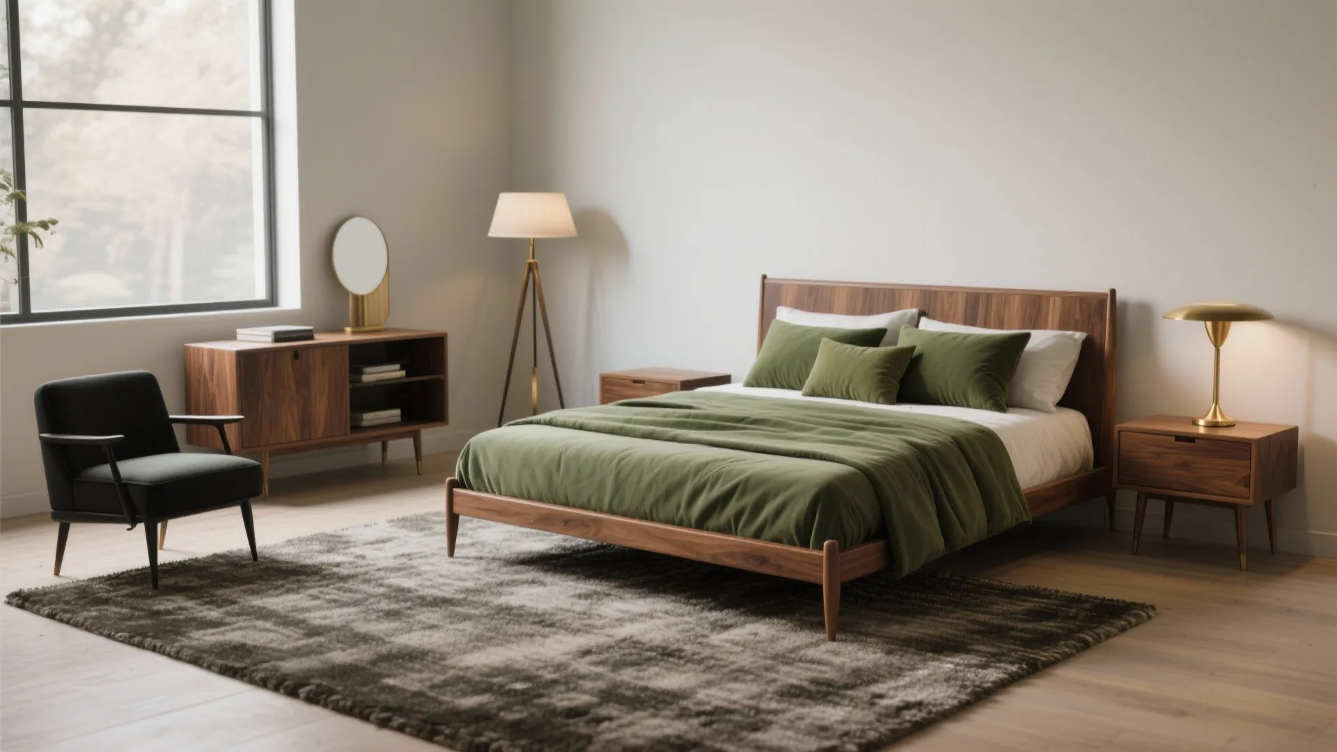 Mid-century modern bedroom with wooden bed olive green bedding black armchair floor lamp and large rug