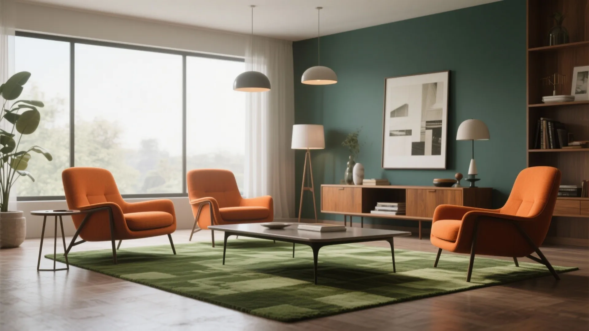Modern living room featuring orange chairs green rug wooden cabinet ceiling lights and large glass window