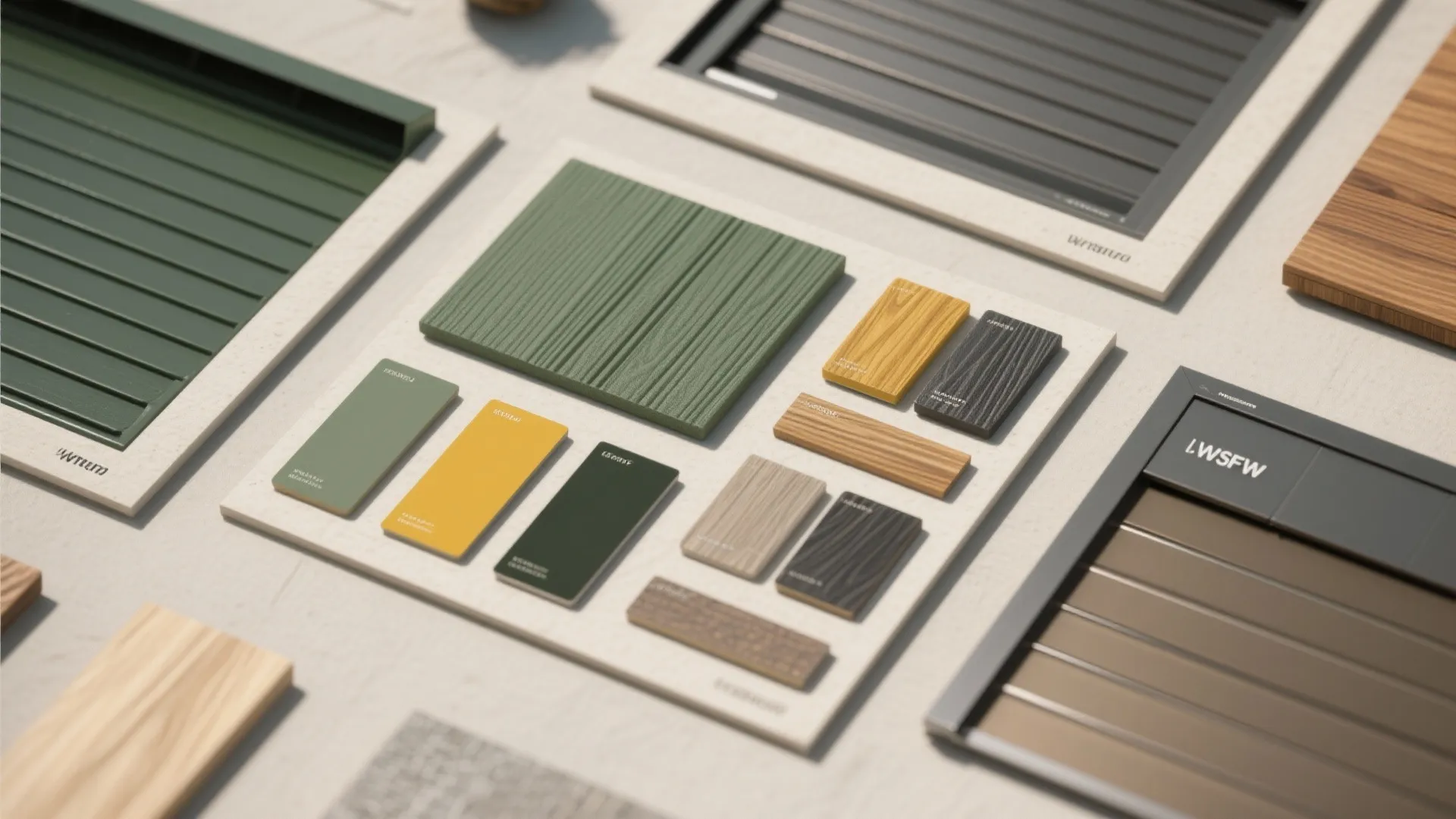 Selection of green yellow and grey material samples for exterior home design and color planning projects