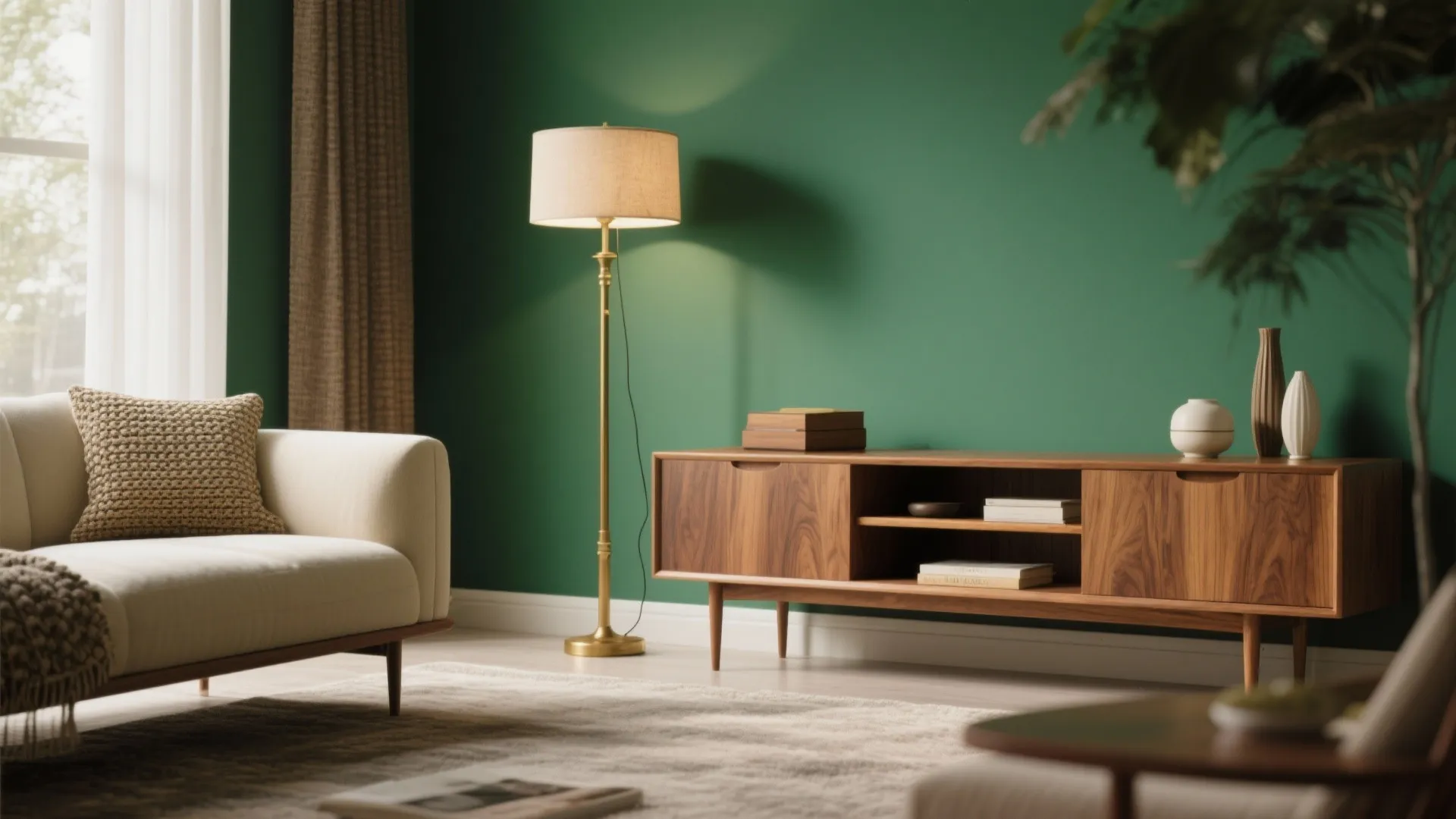 Mid-century living room with phthalo green walls, warm oak furniture and brass accents for a balanced, vintage-modern feel.