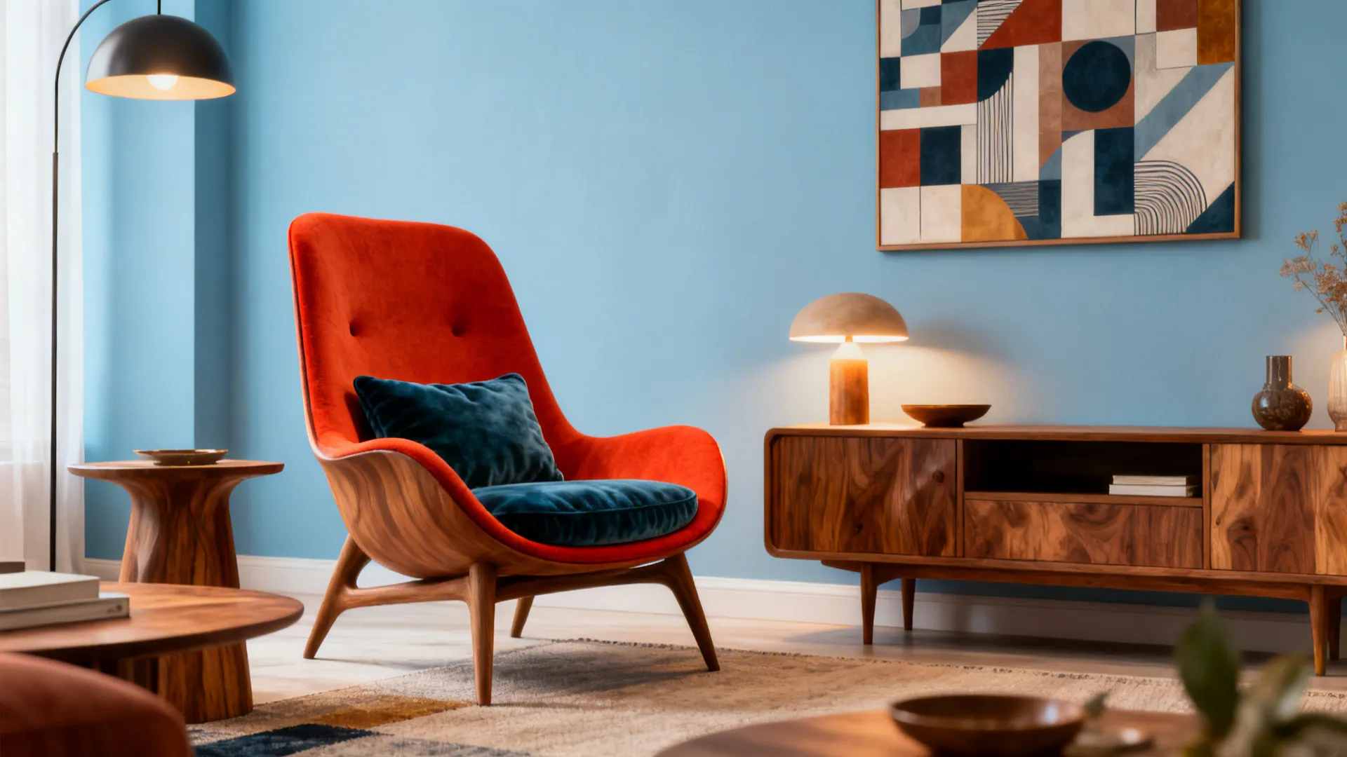 Mid-century chair and organic wood pieces against light blue walls