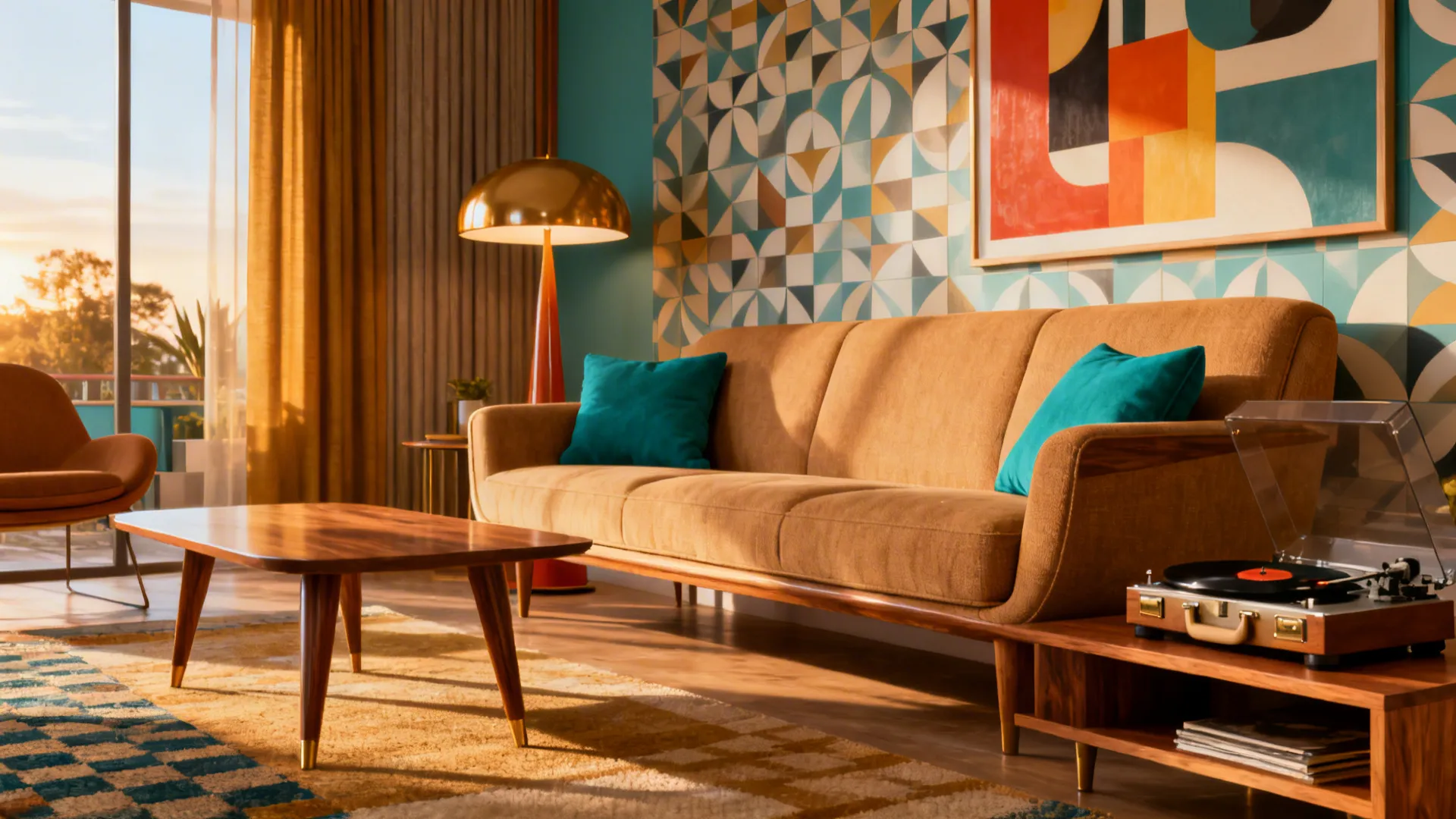 Mid-century living room with a tan couch and teal cushions, tapered coffee table and retro accents