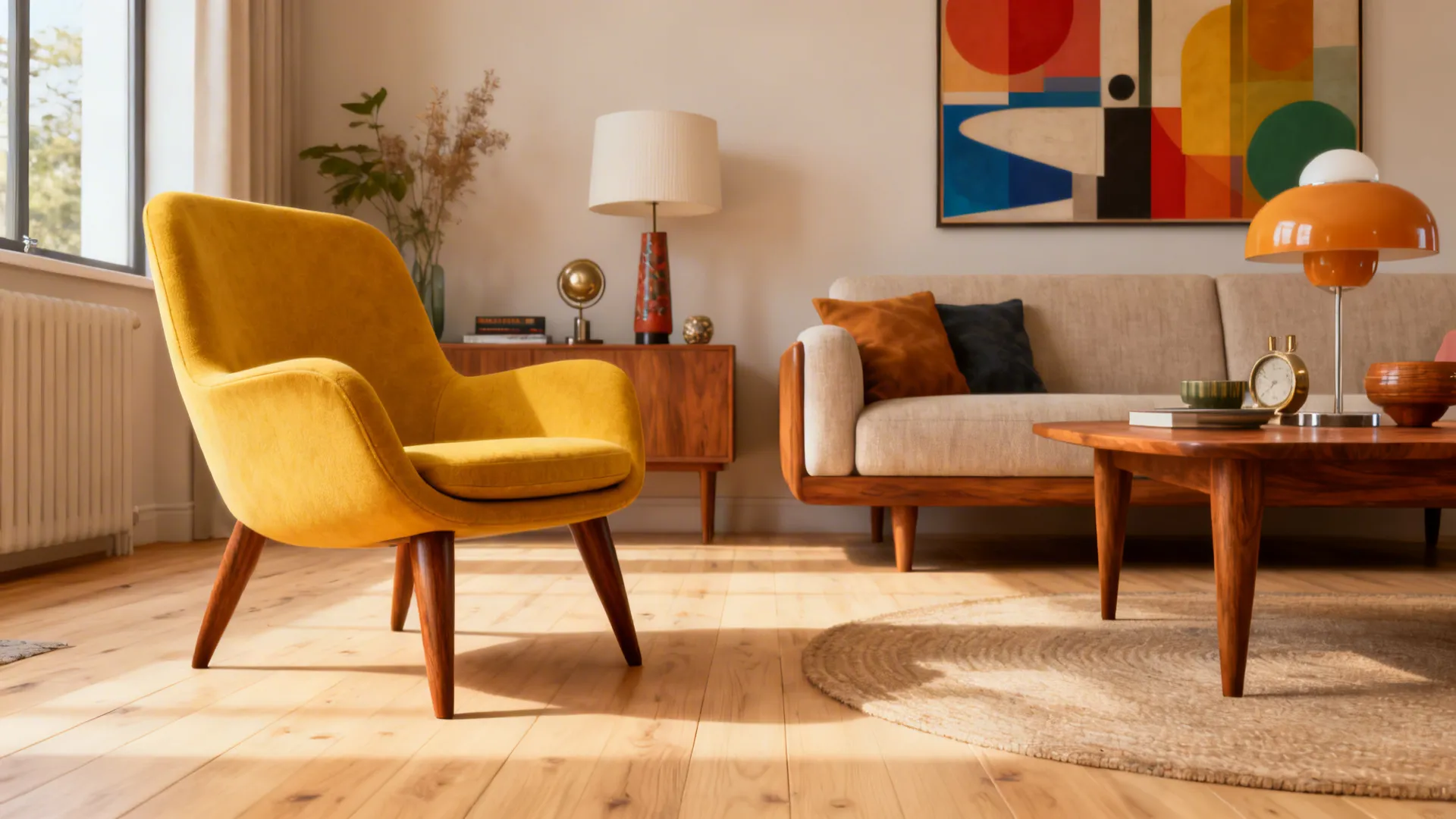 Mid-century living room with pale oak floors and a mustard accent chair.