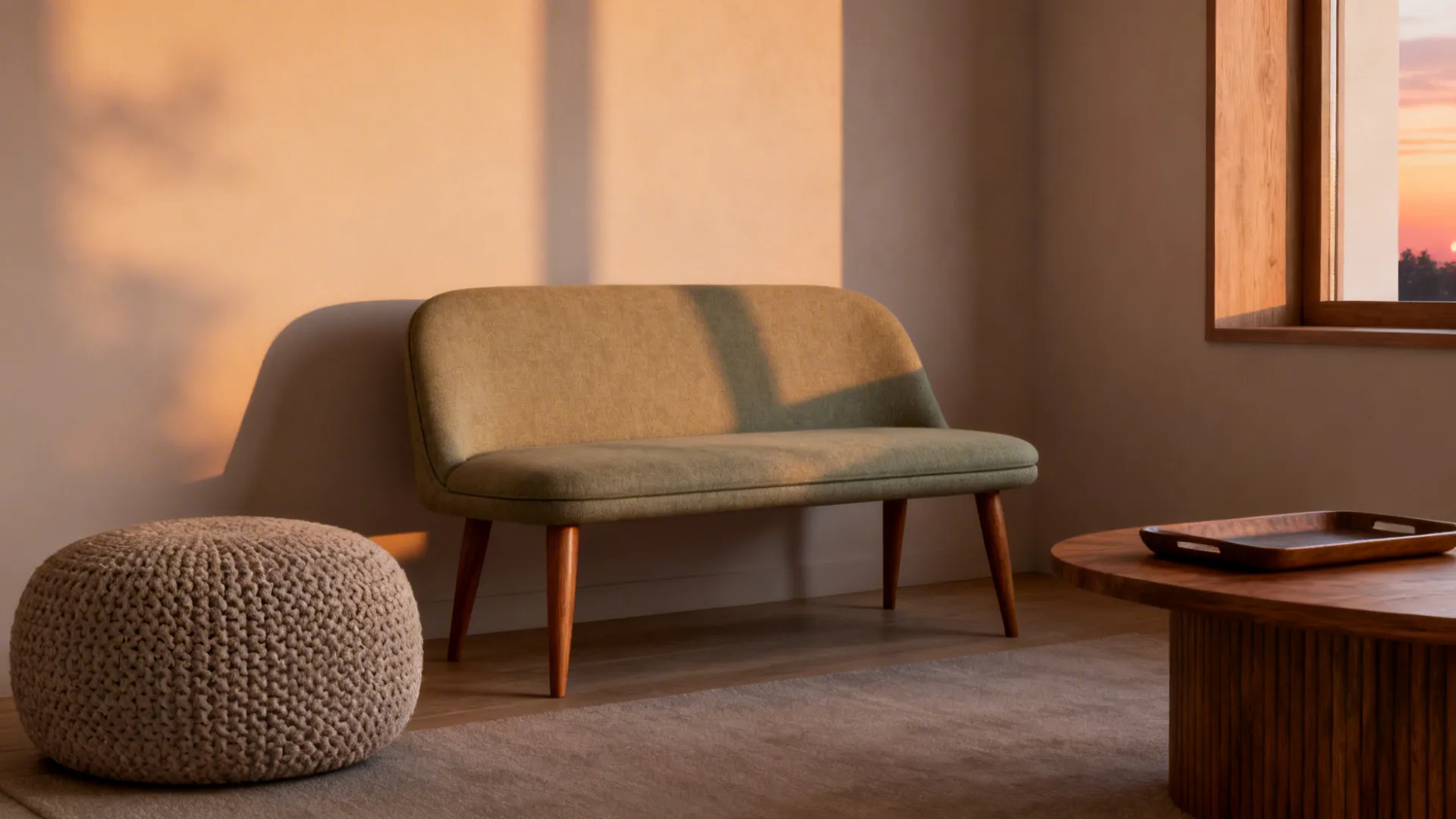 Slim mid-century two-seater sofa with a large pouf in a warm, styled living nook