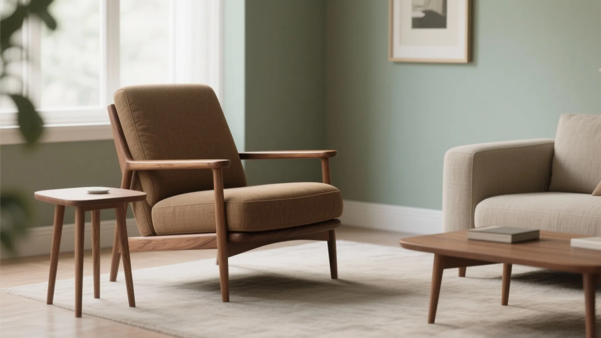 Narrow-arm mid-century small recliner for living room with walnut legs and a light visual profile.