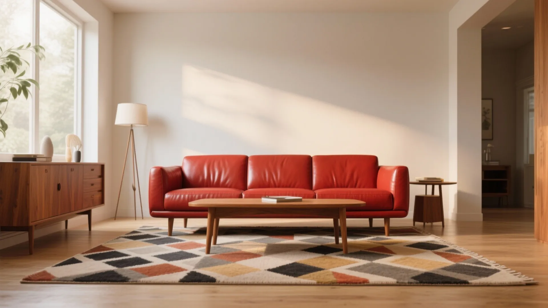 Mid-century modern room with red sofa and teak furniture