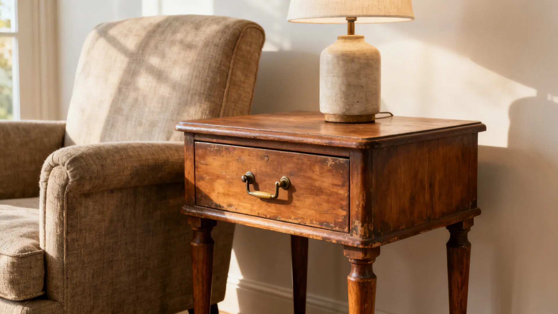 Repurposed mid-century nightstand used as a side table with warm wood and tapered legs
