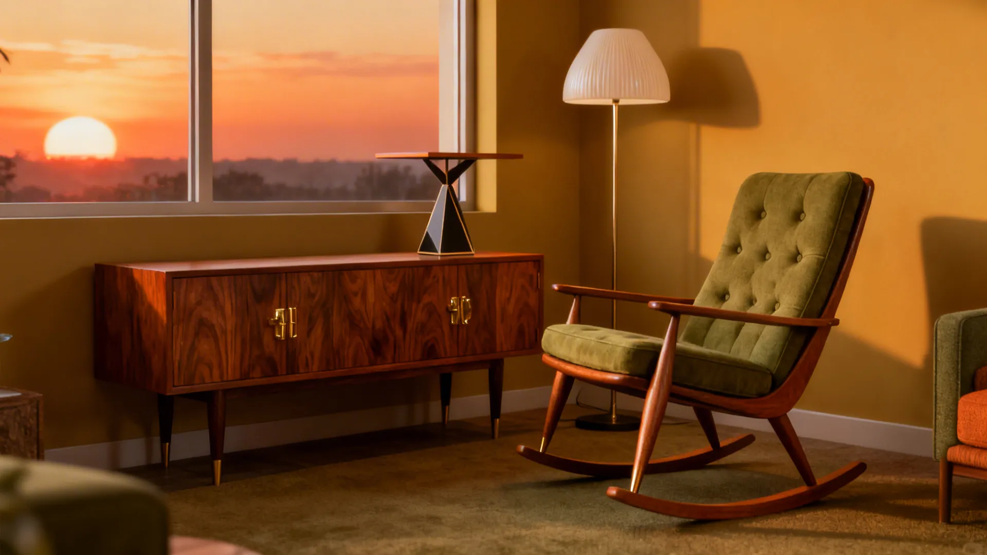 Small living room with a mid-century accent rocking chair, slim console and floor lamp