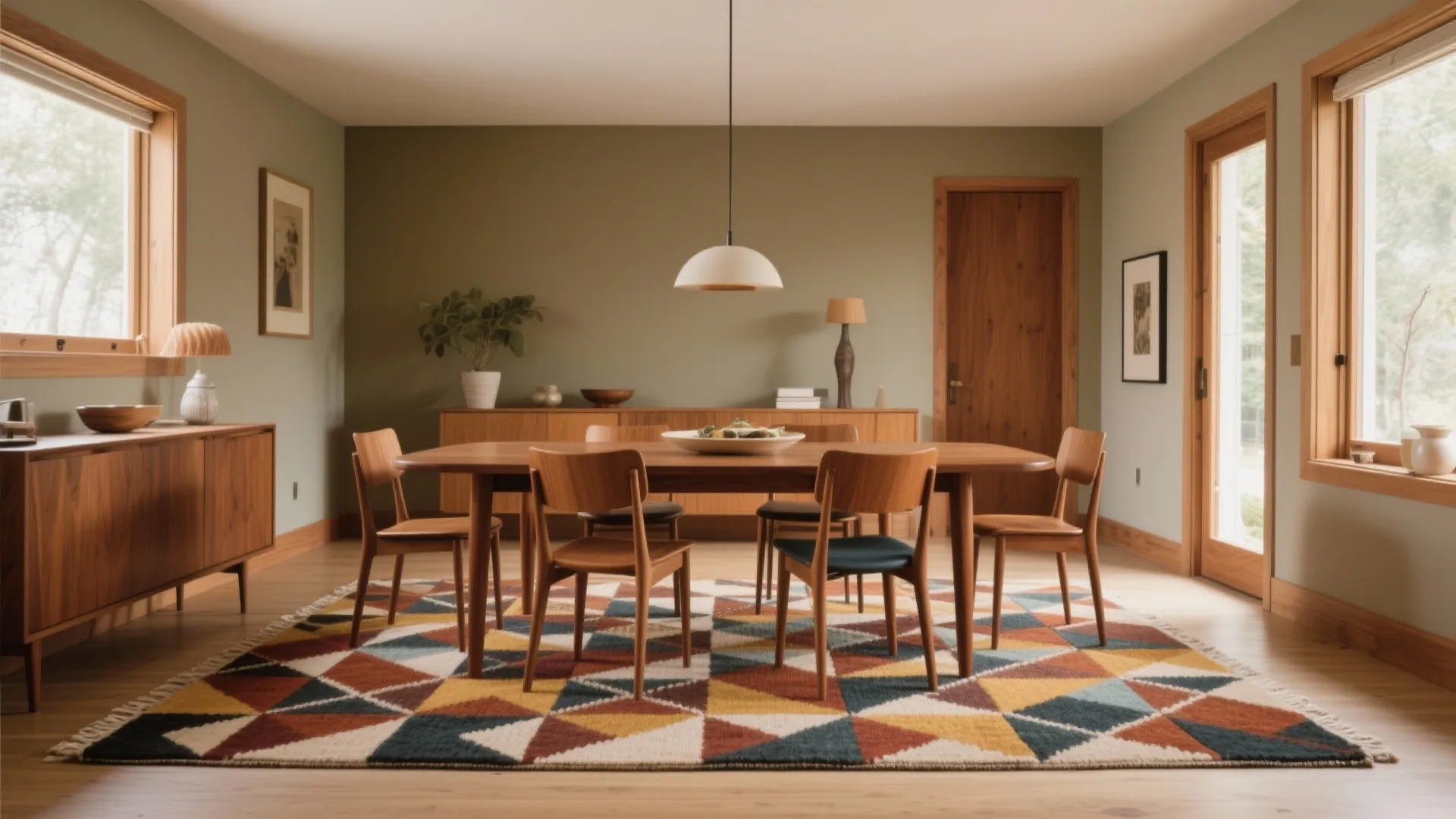 Dining area with wooden furniture colorful geometric rug green walls cabinets and a ceiling light
