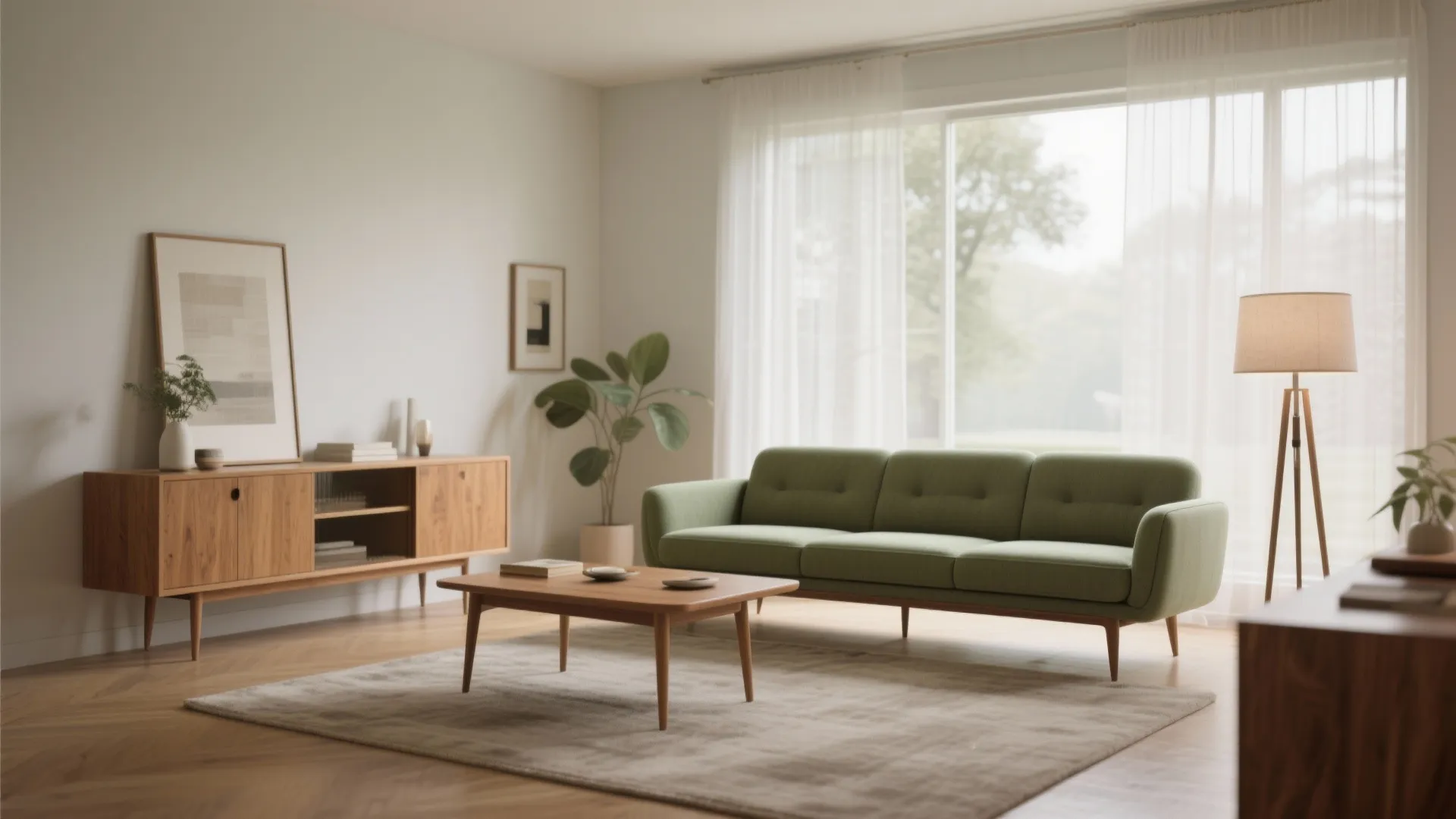 Mid-century living room with green sofa, wooden coffee table, cabinet, floor lamp, and white curtains