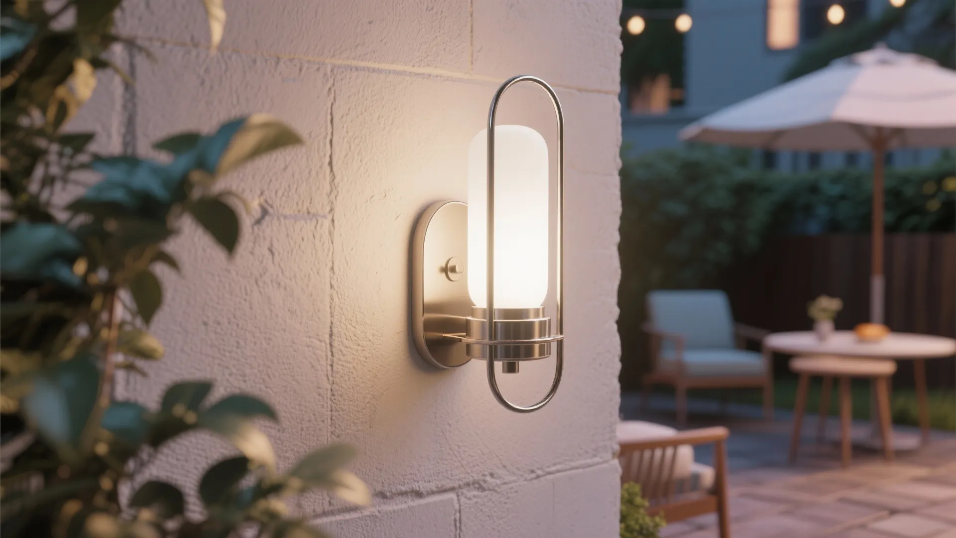 Modern outdoor wall light on white stone wall with patio furniture and umbrella in background