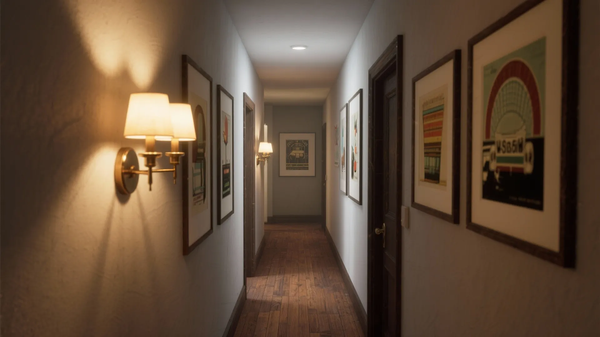 Long hallway featuring wooden floors white walls framed art prints and warm classic wall light fixtures