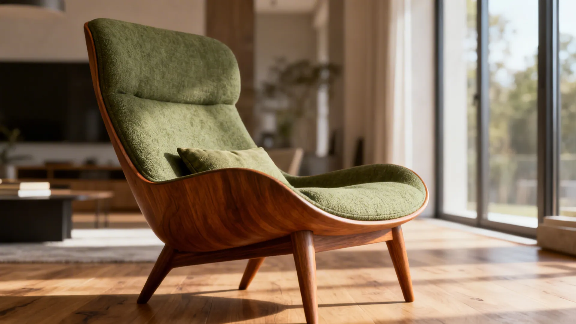 Mid-century lounge chair with a sculpted wooden back and a small lumbar pillow in an open-plan living space.