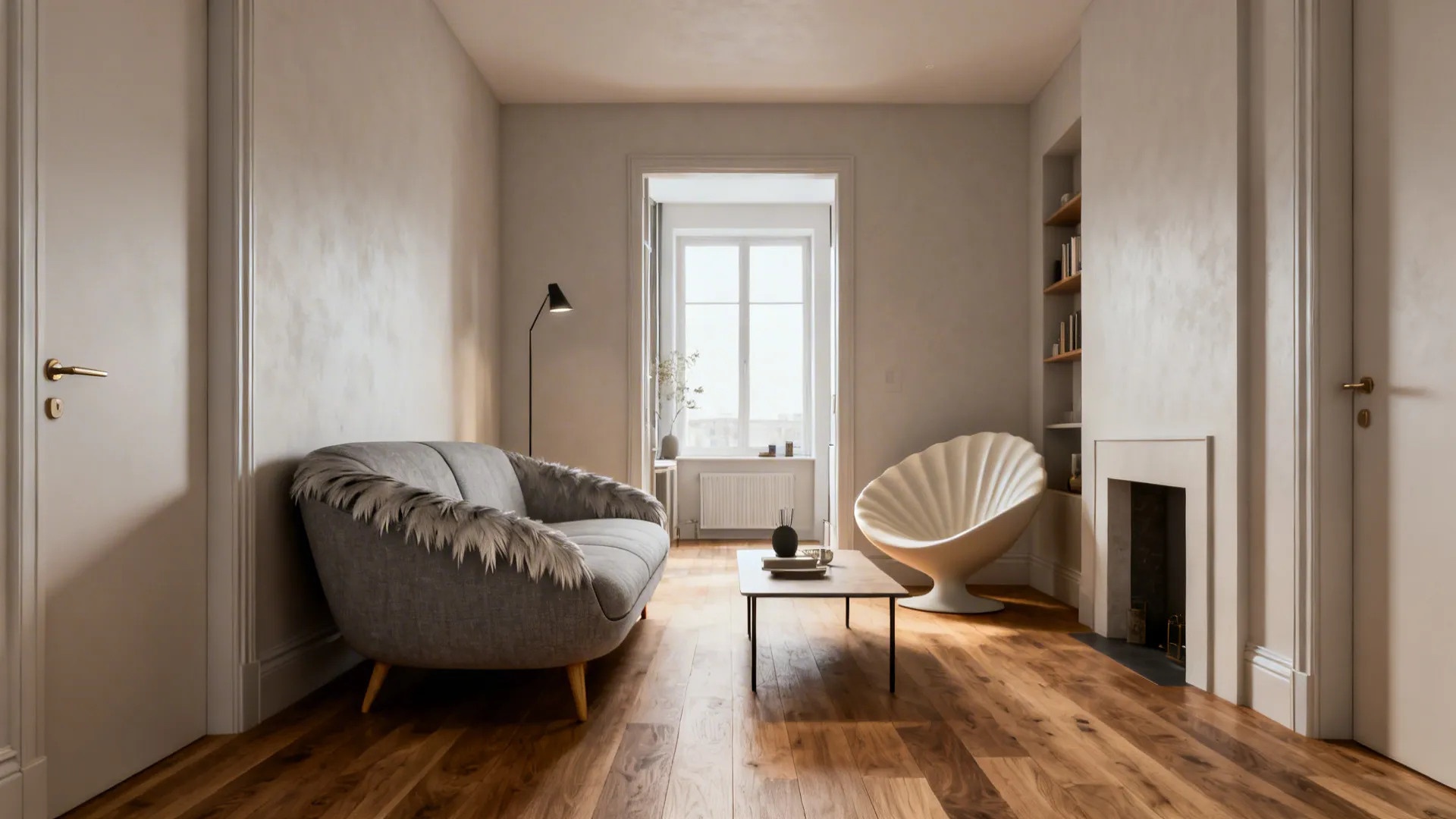 Narrow living room with a slim mid-century sofa and a curvy sculptural accent chair, clean sightlines.