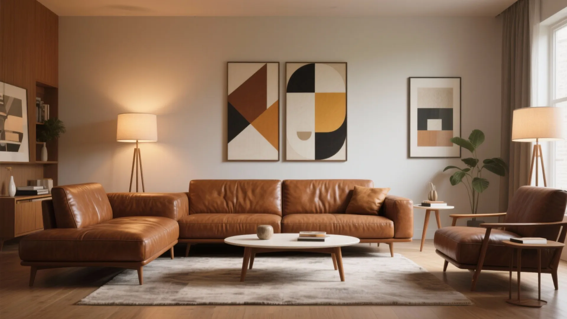 Mid century living room with leather sofa round coffee table floor lamps and wall art