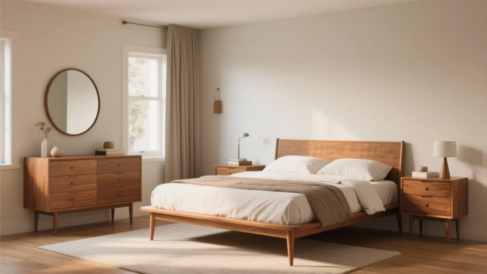 4. Mid-century set: queen bed, tapered-leg dresser, pair of nightstands, and framed mirror