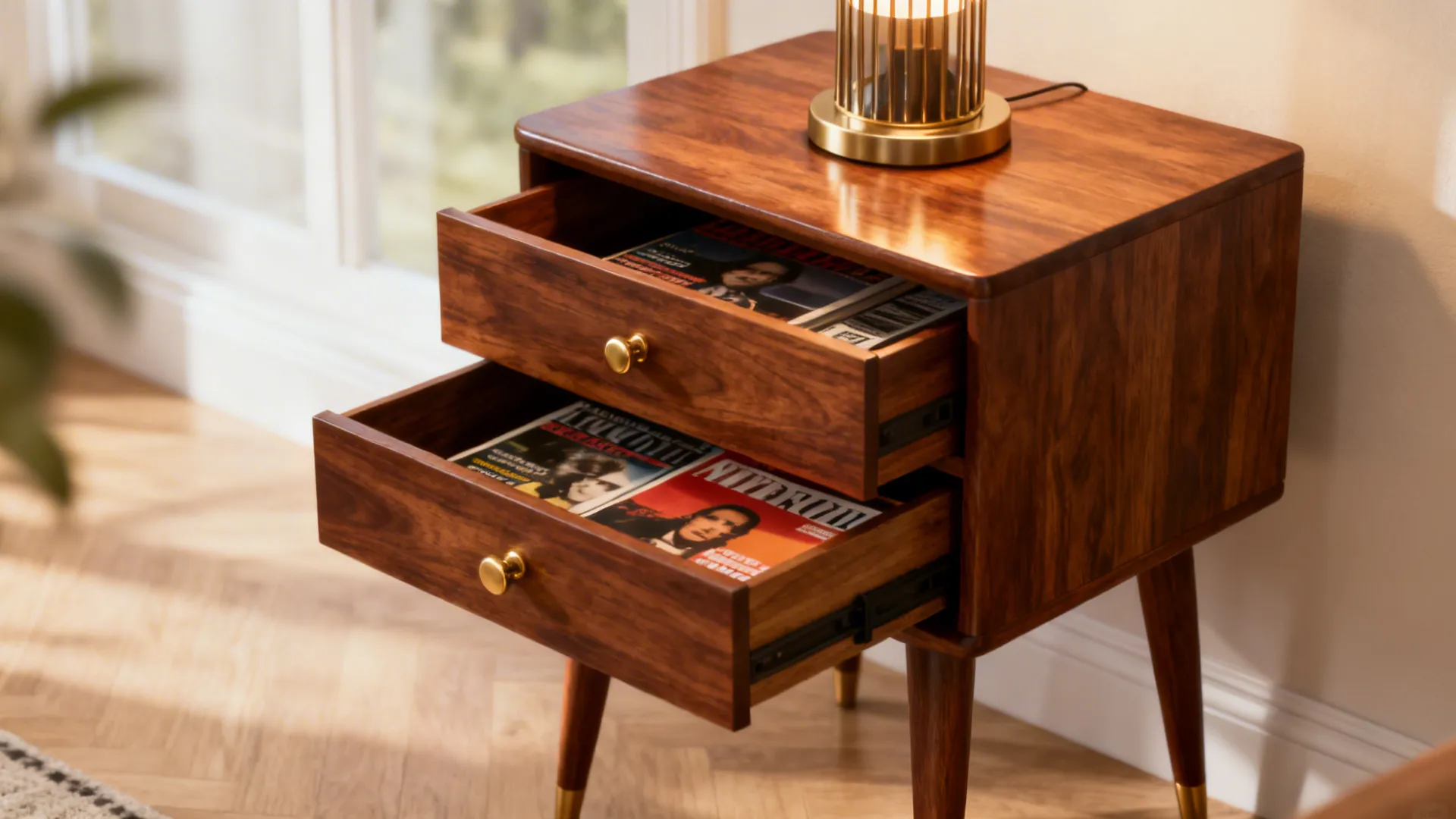 Mid-century wooden side table with two open drawers holding magazines and a small table light